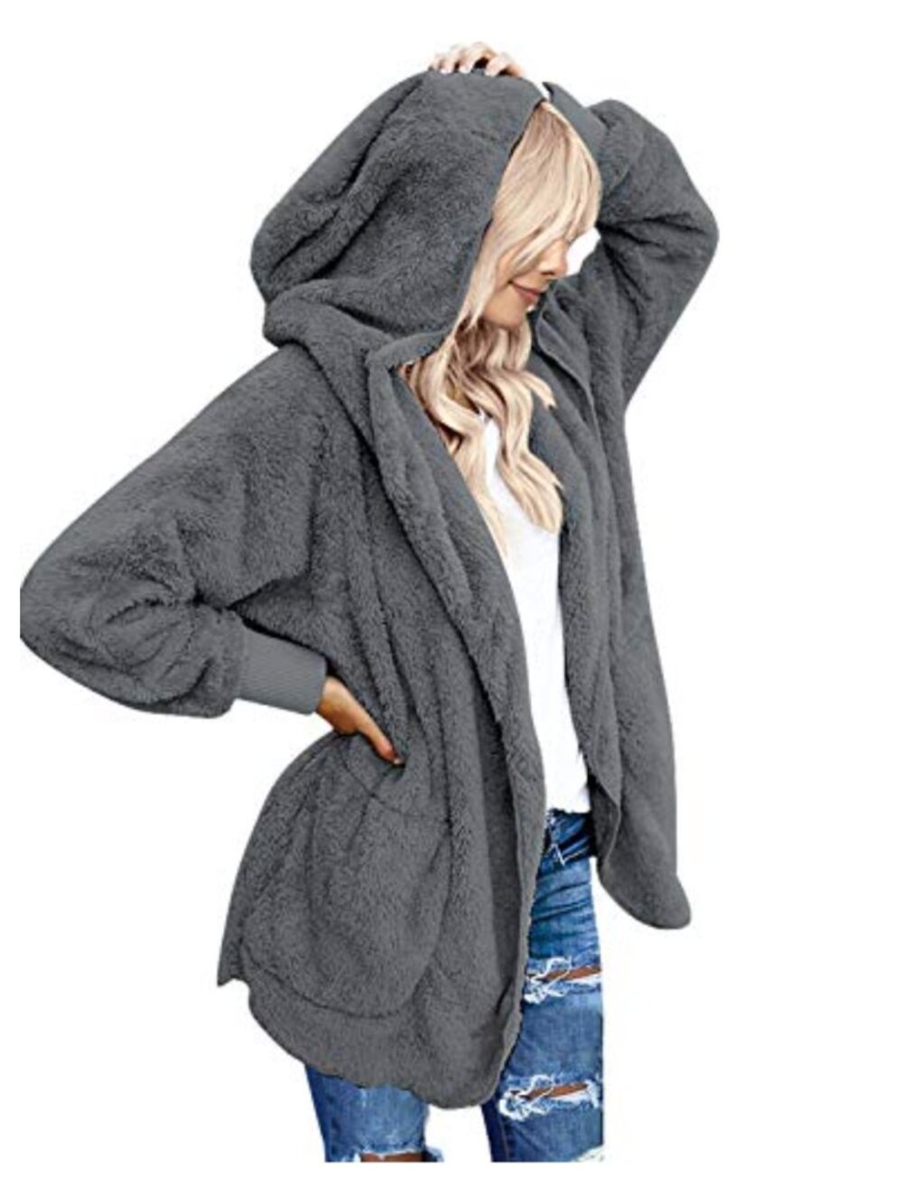 Oversized Fleece Hooded Cardigan Women Open Front Draped Pockets Winter Coat